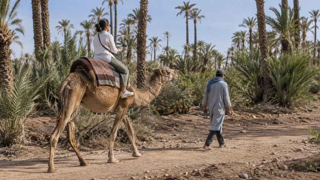 Balade en dromadaire sur un sentier de la Palmeraie à Marrakech