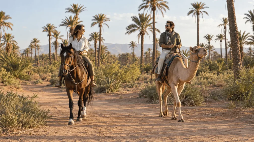 Cheval et dromadaire dans la Palmeraie de Marrakech au coucher du soleil